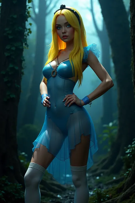 ( best quality ,  high resolution,  ultra detailed,  Updated ),  Alice in Wonderland ,  Transparent blue short dress ,  Thigh-high white socks ,  long yellow hair , ( Cyberpunk Dark Forest Ruins Dungeon Ruins Background: 1.4),  More details Unreal 8K Engin...