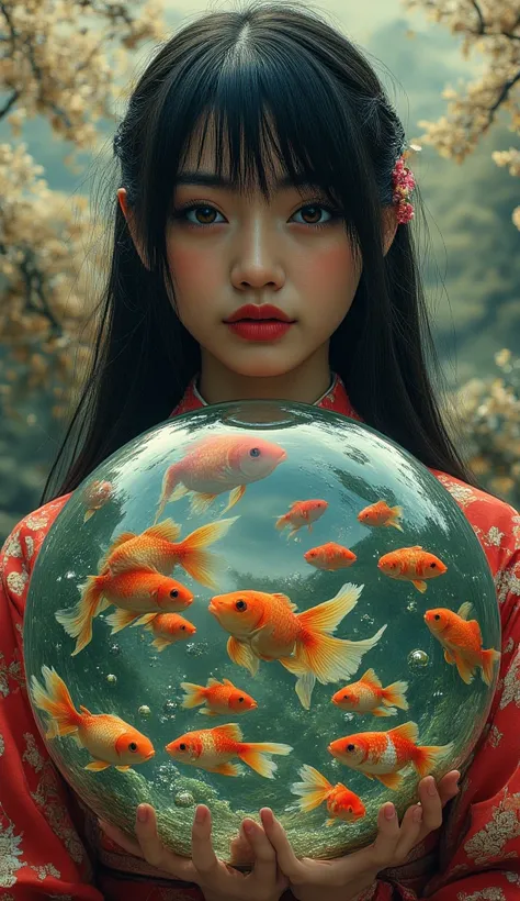 An Asian woman with a beautiful face and long black hair, wearing a traditional Japanese kimono. In the center of her chest, there is a large hole, and within this hole, a massive spherical fish tank is embedded. Inside the tank, countless red goldfish swi...