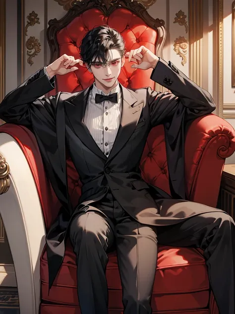 a man, red eyes, black short wavy hair. he wear coat. scientist. sit. background on luxurious mansion. sexy smile. mature man. handsome. he a noble. vampire noble. 