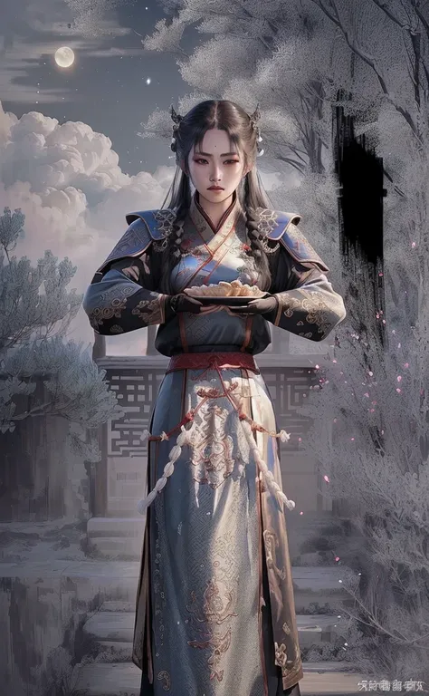 there is a woman in a dress holding a plate of food, full body wuxia, inspired by Cao Zhibai, as a character in tekken, cotton cloud mage robes, young shadow mage male, inspired by Li Mei-shu, heise jinyao, black - haired mage, wearing star filled mage rob...