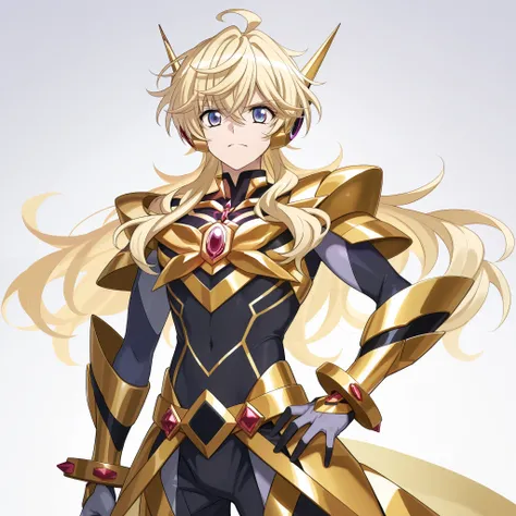  Senki Zesshou Symphogear 　Blue Eyes　 long blonde hair　male　 gold powered suit　Kind Face　round jewel on the chest　Gold Wrist Wheels　Shout