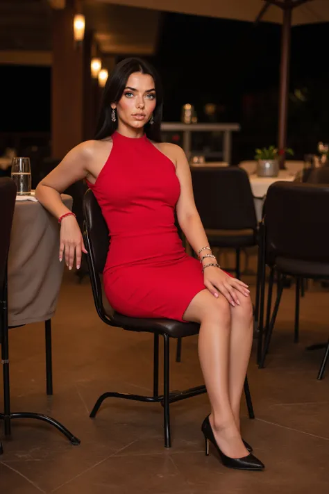  Photo of a beautiful Colombian woman with dark brown skin and hair,   She has gray eyes , long thin eyelashes, and she wears a RED dress with a TIGHT AND SHORT NECKLINE ,  SHE IS SITTING WHERE YOU CAN SEE HER SHAPELY LEGS ,  WEAR SLIM-HEELED SHOES  ,   Sh...