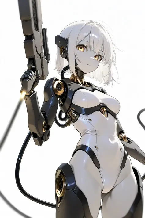 (highest quality, background detailed), highest quality, original detailed video, (golden eyes), image from waist up, inorganic facial expression, inorganic gaze, detailed mechanical joints, reinforced exoskeleton, white leotard, white skin, white hair, lo...