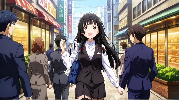 {   top quality], [  very beautiful], [ Ultra-fine], [   Best Illustration  ],   source_Anime,stand, hair,hime cut,  長いhair,  braids,  excited face  ,  cute, Street Photography,   Women close their eyes and get sleepy ,    In The City,   I have a black wom...