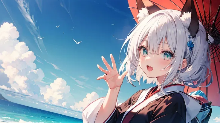   gray hair 、  illuminated by the dark 、 I had hair on one eye、summer、sea、Japanese-style town、 low angle、Cumulonimbus、 slender、open mouth、double teeth、  claw pose、smile、   Cool Personality、   boyish、July、  Japanese style clothing、 fox ears、 foxtail 、  high...