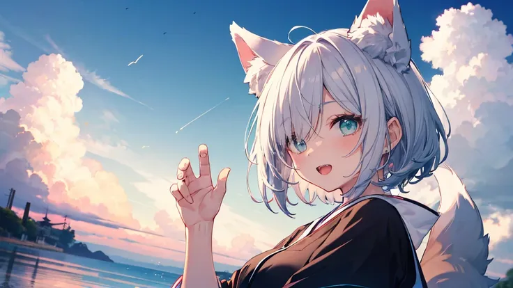   gray hair 、  illuminated by the dark 、 I had hair on one eye、summer、sea、Japanese-style town、 low angle、Cumulonimbus、 slender、open mouth、double teeth、  claw pose、smile、   Cool Personality、   boyish、July、  Japanese style clothing、 fox ears、 foxtail 、  high...