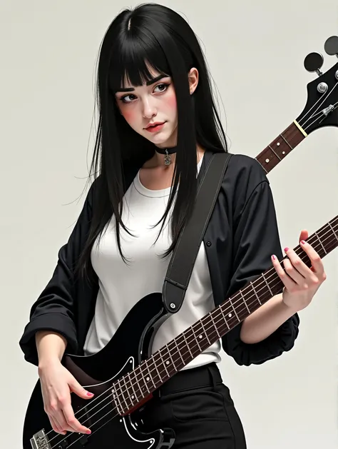 Beautiful Woman with long straight black hair with bangs, wearing a white short-sleeved shirt over a black long-sleeved shirt, smirk smile, playing bass guitar