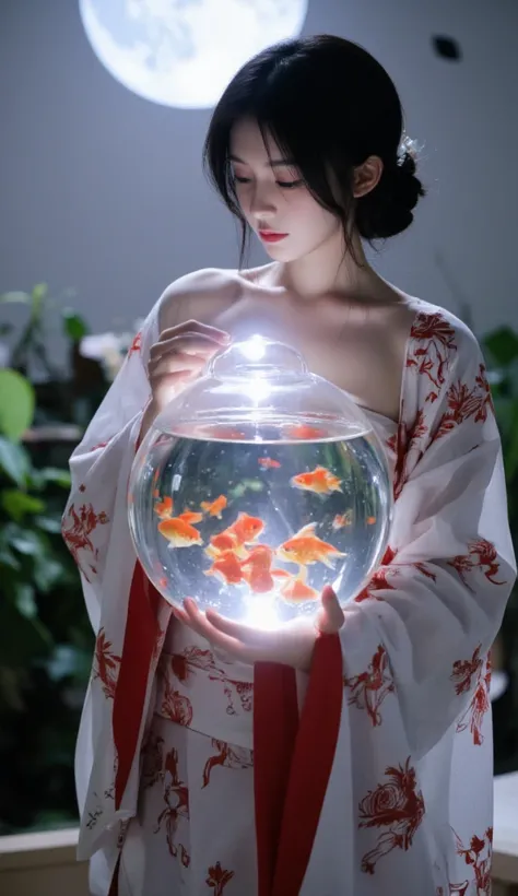 An Asian woman with beautiful black hair, wearing a traditional Japanese kimono. In the center of her body, a spherical fish tank is seamlessly embedded, merging with her form. Inside the tank, countless red goldfish swim gracefully. The scene is illuminat...