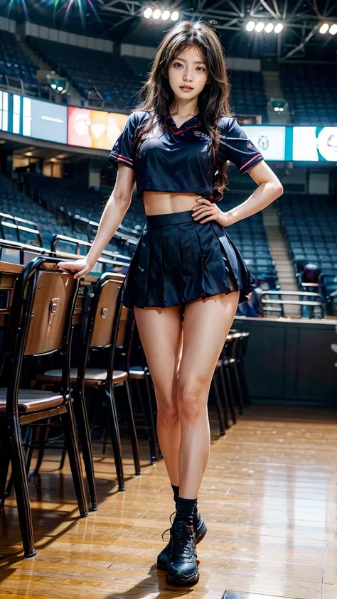 A beautiful young Japanese woman, 20 years old, with perfect anatomy, healthy thighs, beautiful feet, flawless skin, random hair color and style, large bust, (she is standing:1.2), wearing a cheerleader uniform with micro-pleated miniskirt, in a full body ...