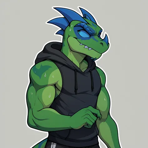 score_9, score_8, score_7, cowboy shot, solo, drop shadow, 2d, vector art,  white outline, sweat, simple background, 1boy, handsome, wearing black sleeveless hoodie, ((vergence)), raptor, anthro, lizard, vergence (kabscorner), green body, blue horns, green...