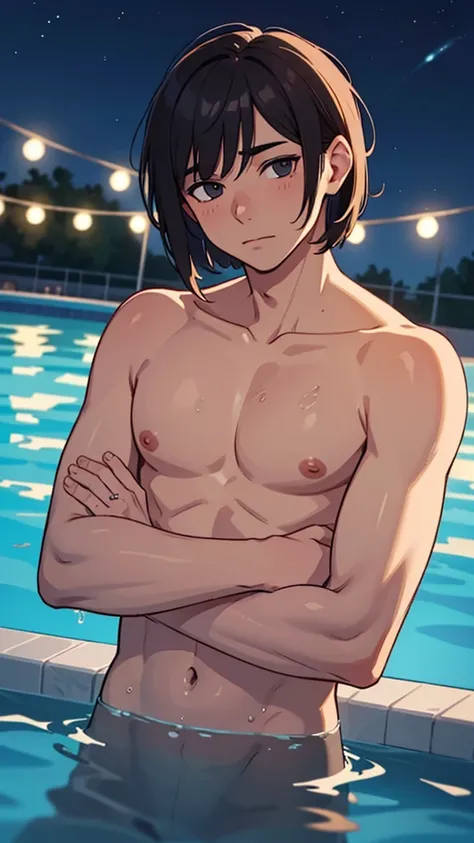 Man with a short bob and dark hair is naked and his upper body is relaxed in the pool at night