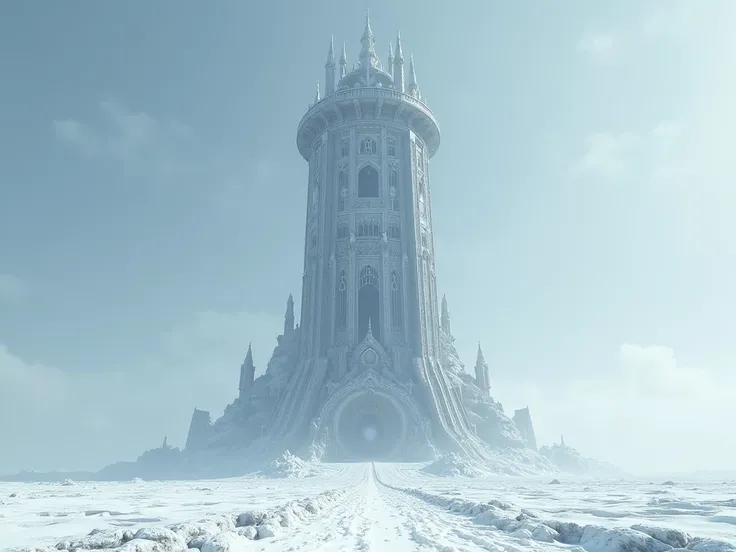 Huge fantasy wizard round tall tower, view from ground, surrounded by plains of snowy grass