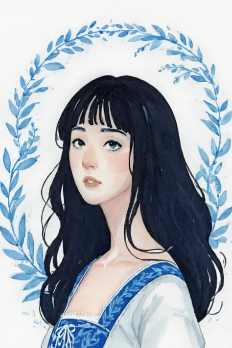 score_9, score_8_up, score_7_up, score_6_up, MulanXLP, neutral soft expression, gougoupaintleaves, black hair, black eyes, traditional media, white background, white and blue, blue vines, facing the viewer, cute, full_body_portrait, white background, dark ...