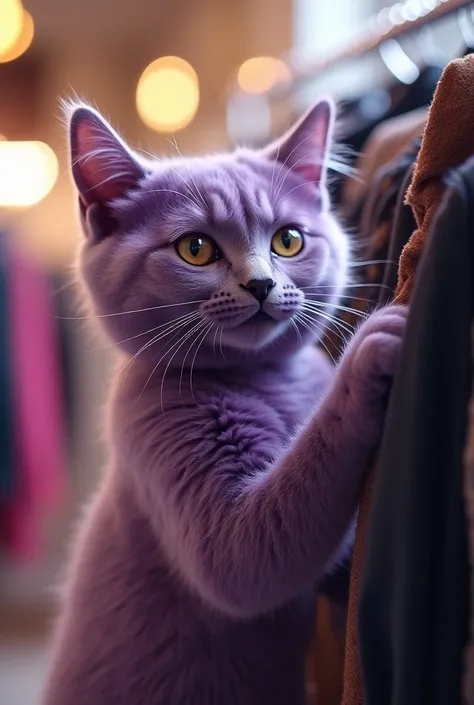 
"A beautiful purple-colored cat, elegant and charming, browsing through clothes at a shopping mall. The soft, rich hue of her fur stands out among the vibrant mall surroundings. Her curious eyes scan the racks of stylish outfits, and she seems fascinated ...