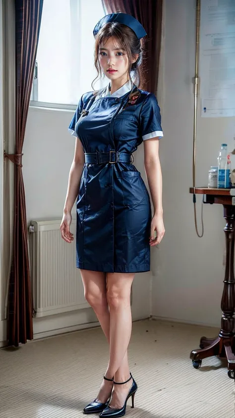 a beautiful young 24-year-old Japanese woman, beautiful, detailed anatomy, beautiful skin, random hair color and hairstyle, big breasts, nurse hat, (nurse uniform:1.3), nurse cap, (she is standing:1.2), full body shot, high heels, hospital, (best quality,8...