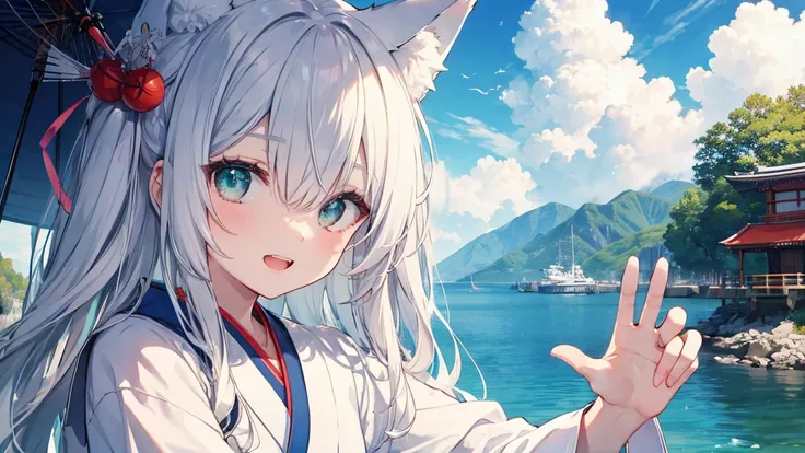   gray hair 、  illuminated in the dark 、 I had hair on one eye、summer、sea、Japanese-style town、 low angle、Cumulonimbus、 slender、open mouth、double teeth、  claw pose、smile、   Cool Personality、   boyish、July、  Japanese style clothing、 fox ears、 foxtail 、  high...