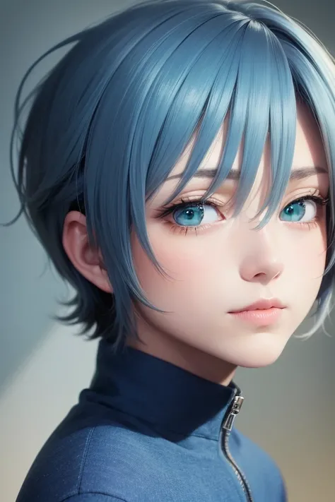 anime boy, handsome face, blue hair, green eyes, charming gaze, wearing blue clothes, looking at the audience, afternoon background, eye details, face details, body details, for 4k and 8k images