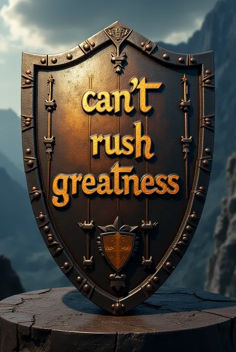 A shield with the words”Can’t Rush Greatness” inside it