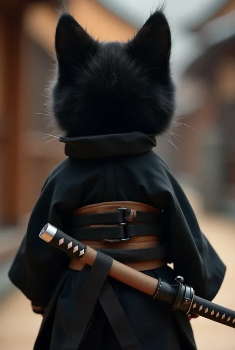 ((((Back view of 7 black fur kittens dressed as samurai))))、 (((from behind)))、The costume is a black kimono 、、 Physical characteristics ：  slightly rounded face and simple eyes 、 background ： Old-fashioned Japanese ryokans in Kyoto、Machine gun、 high resol...