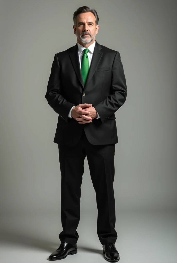 A man wearing green tie and  white shirt under a black jacket.with black formal pants and leather boots 