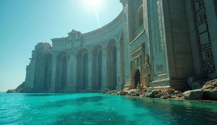 masterpiece, best quality, cinematic photo of Atlantis new walls above the water, hires