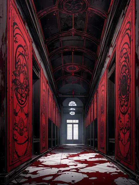  anime jujutsu kaisen, abandoned elegant place ,   dark environment, obscure religious center  ,   vibrant colors red and black, intricate red details, recipe.  Strange symbols Silent Hill.