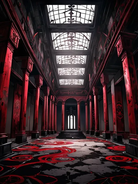  anime jujutsu kaisen, abandoned elegant place ,   dark environment, obscure religious center  ,   vibrant colors red and black, intricate red details, recipe.  Strange symbols Silent Hill.