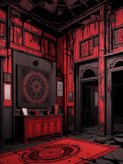  anime jujutsu kaisen, abandoned elegant place ,   dark environment, obscure religious center  ,   vibrant colors red and black, intricate red details, recipe.  Strange symbols Silent Hill.