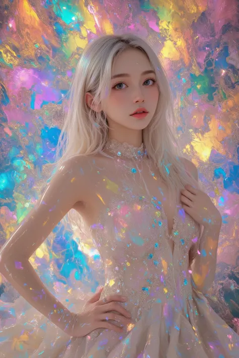 Top Quality, 8k, Masterpiece, ((straight hair:1.8, a perfect center part, revealing her entire forehead:1.8, Iridescence color hair, White eyebrows, looking camera)), ((giant sagging breast:1.8)), ((A cool composition and pose in an American comic style:1....