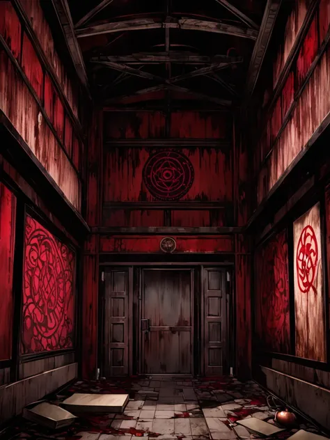  anime jujutsu kaisen, abandoned elegant place ,   dark environment, obscure religious center  ,   vibrant colors red and black, intricate red details, recipe.  Strange symbols Silent Hill.