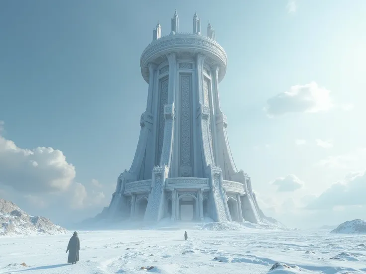 Huge fantasy wizard round tall tower, view from ground, surrounded by plains of snowy grass