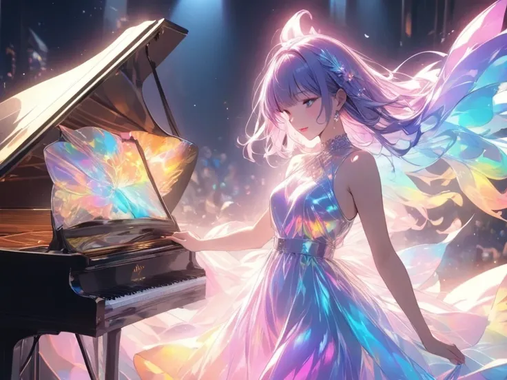 (  top quality,4K,8k,   high definition  ,  Masterpiece  :1.2), A girl standing alone under the stars ,   The girl's hair shines pink   、 standing beside the piano player at the jazz bar and sings with a beautiful singing voice､Her face is of the highest q...