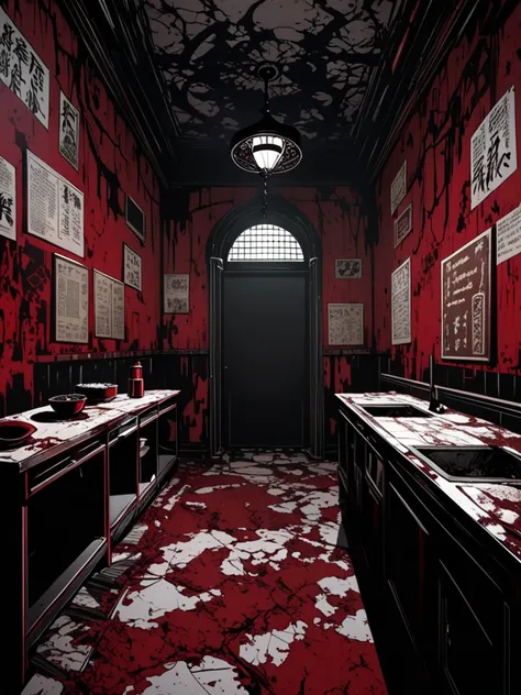  anime jujutsu kaisen, abandoned elegant place ,   dark environment, obscure religious center ,  Deleted colors red and black, intricate red details, recipe.  Strange symbols Silent Hill.