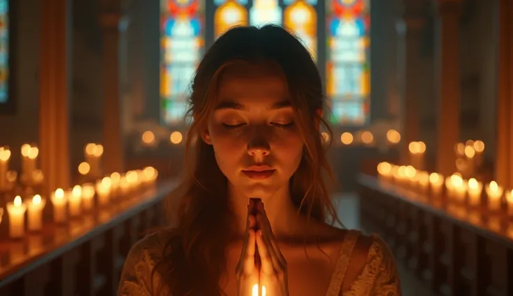 (photorealism:1.2), beautiful girl praying in a church, surrounded by candles, soft warm lighting, highly detailed, realistic portrait, serene atmosphere, intricate stained glass windows, cinematic, 8k resolution, stunning composition
