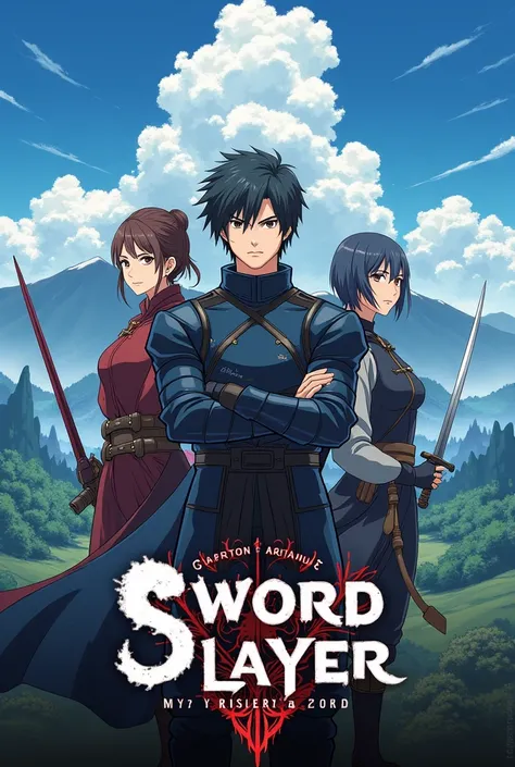 j'aimerais créer une affiche d'anime qui dit
série télévisée gratuite  sword slayer 2 en lettre japonais.plusieurs personnages en arrière-plan avec la [ Date] 