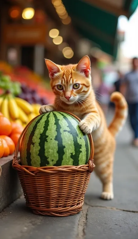 "A playful orange tabby cat struggling to balance a large watermelon in its tiny wicker basket. Its eyes are wide with concentration, and its tail is raised for stability. The background is a vibrant fruit stand filled with colorful fruits like oranges, ba...