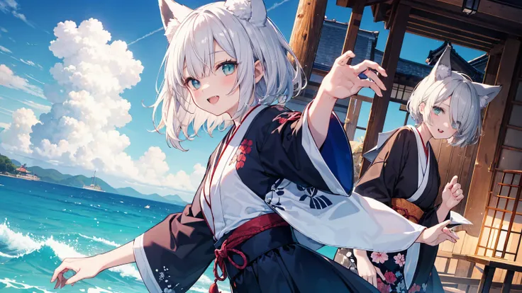   gray hair 、  illuminated in the dark 、 I had hair on one eye、summer、sea、Japanese-style town、 low angle、Cumulonimbus、 slender、open mouth、double teeth、  claw pose、smile、   Cool Personality、   boyish、July、  Japanese style clothing、 fox ears、 foxtail 、  high...