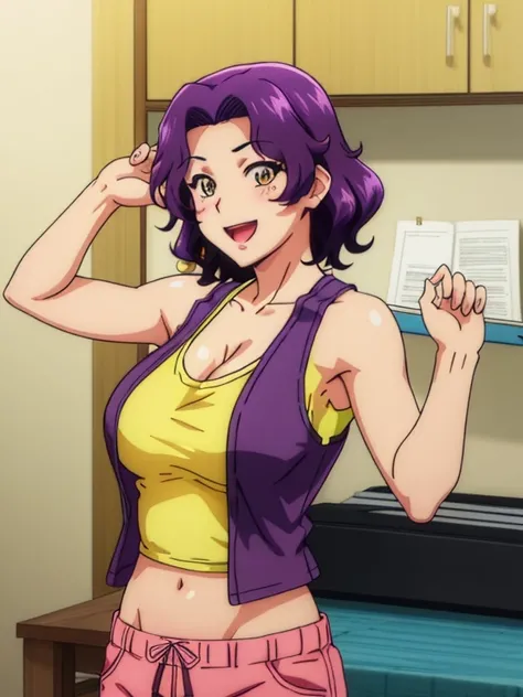 ((Azusa wearing a yellow tank top)), wearing micro shorts, pose for a photo in the apartment, Moderate_tits, purple hair, (analog quality:0.6), (film grain:0.8), (blushing), cleavage, midriff, open mouth smile, 