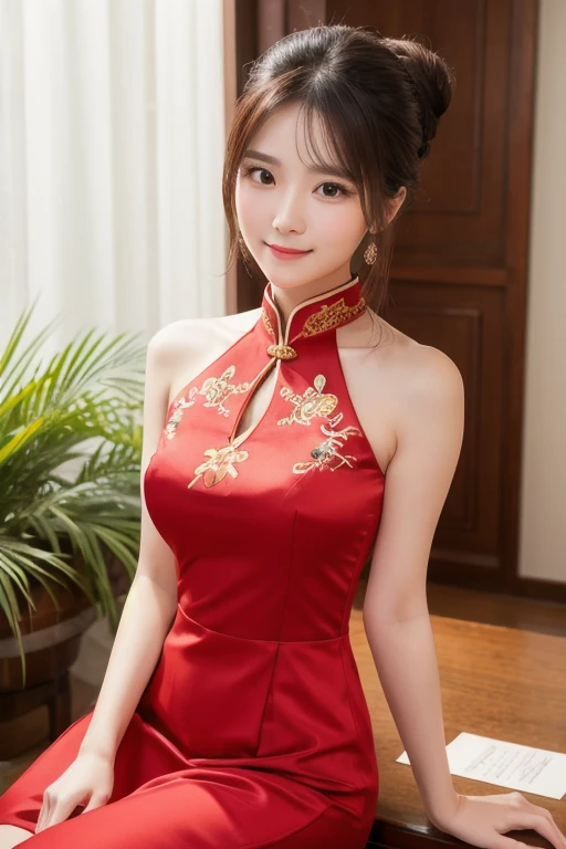 A young Asian woman, likely in her late s or early twenties, is seated, positioned slightly off-center towards the right of the image. She is wearing a vibrant red, silk halter-neck cheongsam blouse with gold embroidery. She is also wearing white trousers....