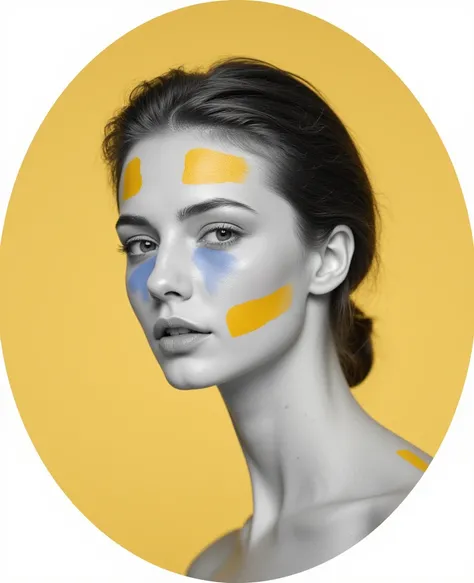 A black-and-white photograph of an elegant woman with mustard yellow and periwinkle paint brush strokes on her face. The background is a light mustard circle. The overall image has a minimalist style.