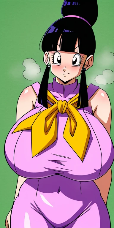 Chichi_  Dragon Ball,   standing,  alone,     gigantic  _  Super Big Breasts   , bunny clothes_  purple  _  neckerchief  ,   Masterpiece,   top quality,   detailed face,  detailed eyes ,  embarrassed face ,   high resolution, Green background