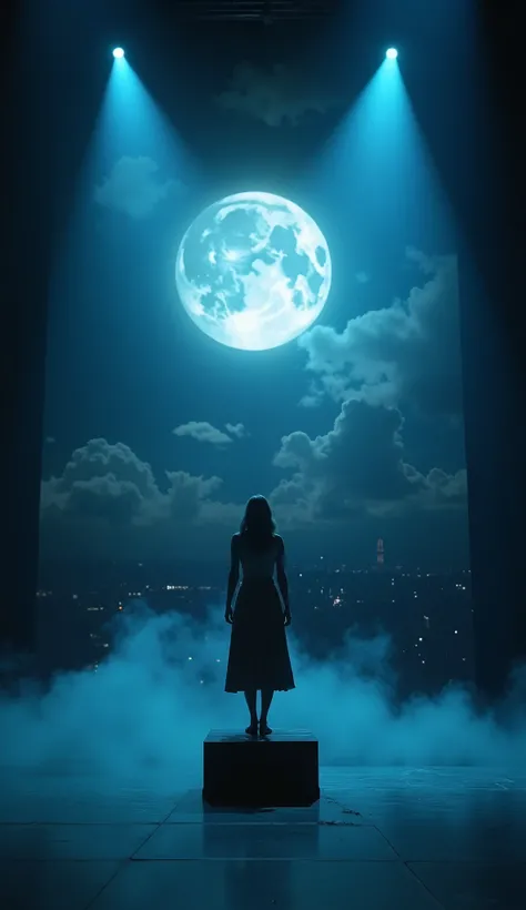 A shallow theater stage with a dramatic atmosphere, a stylized staging, a sad woman in her thirties is turned towards the viewer and standing on a not very high block  illuminated by bluish spotlights. Behind her, a big cloudy night sky with a full moon ov...