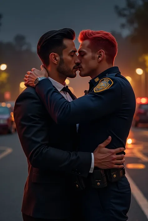 Handsome short haired Latino gay lawyer making out with handsome red-haired white cop with tall and stocky short hair in a parking lot