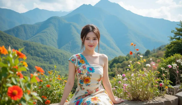 "Sweet smiling woman in traditional Isan style dress amid bright and beautiful mountain views. The pictures look fresh and have a Thai Isan folk atmosphere."
