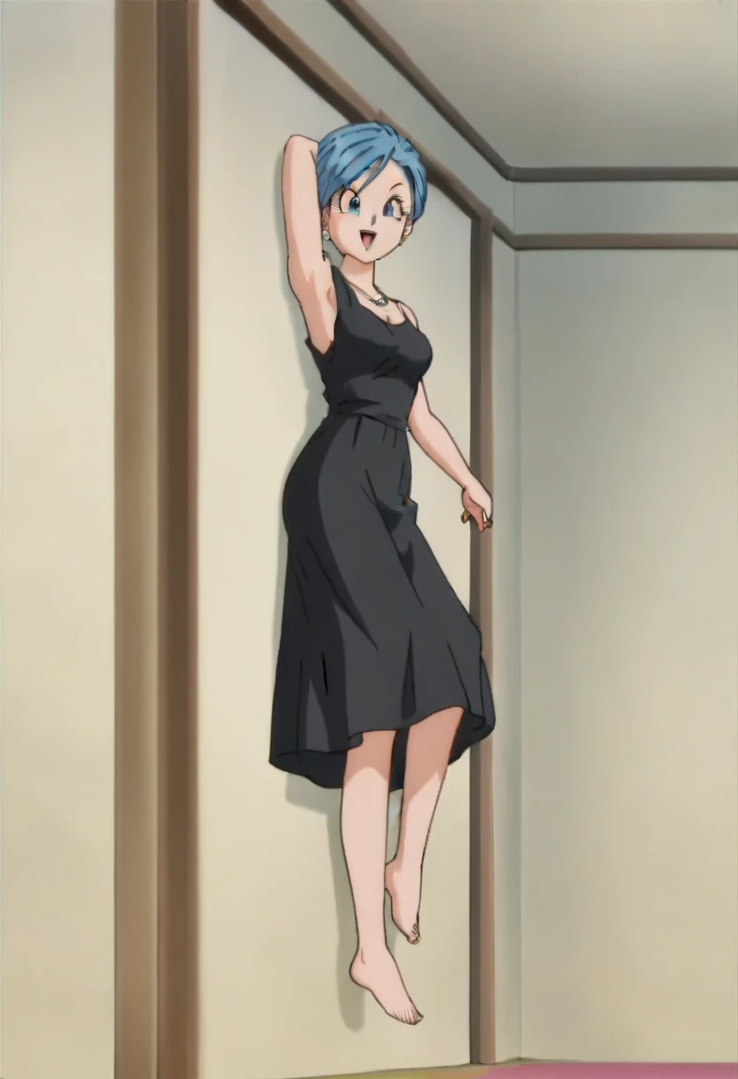 source_anime, score_9, score_8_up, score_7_up, anime screencap,8k, absurd res,
bulma, 1girl, solo, breasts, smile, short hair, open mouth, blue eyes, jewelry, blue hair, 
lying on side, holding head, ballroom, indoors, long black dress, barefoot,  
