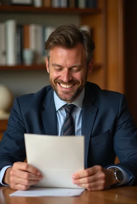 Monsieur Henry, heureux et soulagé, lit une lettre officielle qui confirme la régularisation de sa situation fiscale et sociale. Il est assis dans son bureau bien organisé, avec une expression de satisfaction et de confiance.