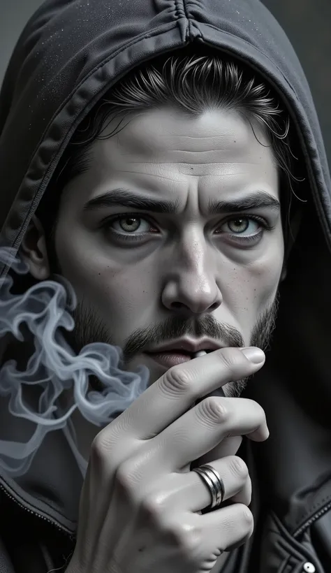 a close up of a man with a hood on fumar a cigarette, una foto en blanco y negro de Daniel Gelon, tumblr, bellas artes, dramatic fumar pose, thick Fumar a su alrededor, Fumar a su alrededor, ardor intenso, Orelsan, humo intenso, fumar, con cigarro, he is f...