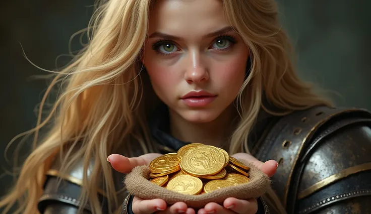  creates a woman, long blonde hair ,  coins with green eyes and medieval armor, located on the right side of the image , video game style but realistic, Counting coins with a sack of gold coins in your hand