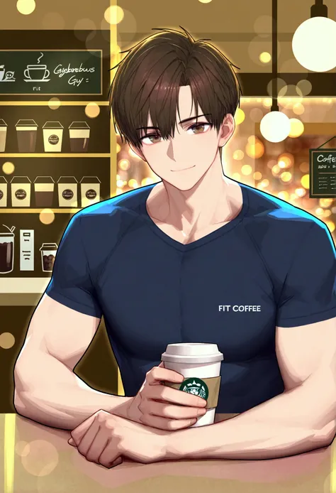 
1boy cute,bishounen, casual, brown hair, short hair, brown eyes, closed mouth smile,fit athletic guy, indoors, sitting, coffee shop, bokeh
looking at viewer,upper body