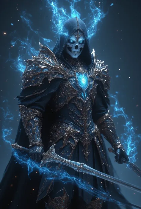 ha sang, 1boy, skull mask,armor, male focus, solo,weapon,sword,spikes,looking at viewer, blue_fire,c loak, hood up, holding, (masterpiece), (best quality), HDR, intricate detail,